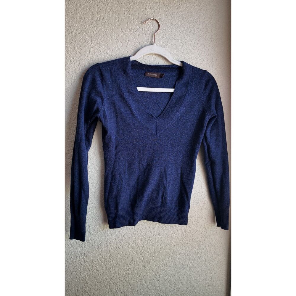 The Limited Merino Wool V Neck Sweater Women's Medium Navy Blue Fitted